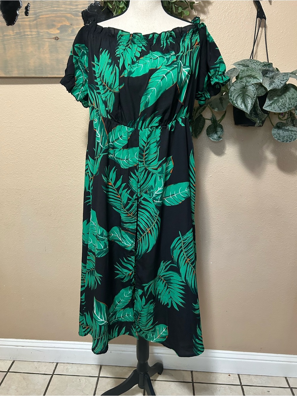 Tropical Palm Leaf Off Shoulder Midi Shorts Romper Dress XL